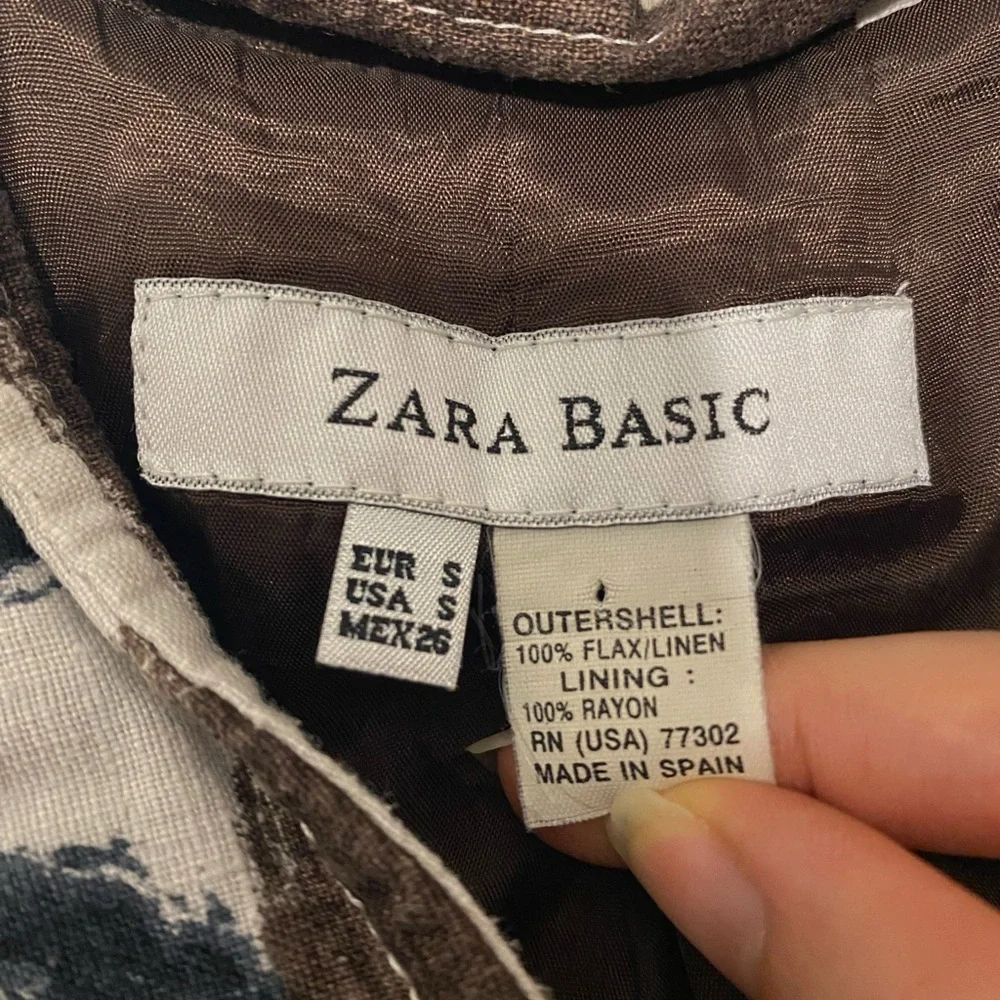 ZARA BASIC Printed Linen Tie Waist Shirt – Brown / Cream / Black – Size S - Picture 4 of 5